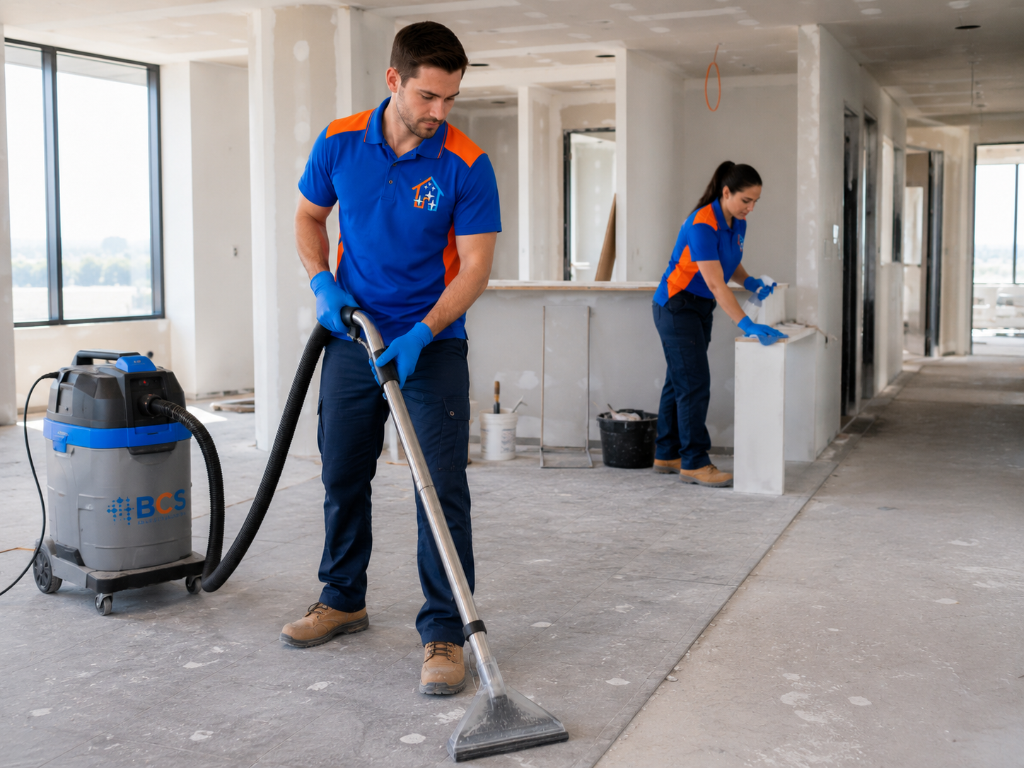 BCS builder's clean team vacuuming and detailing a new construction interior