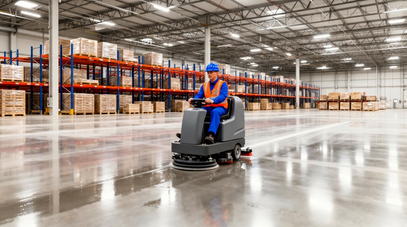 BCS operator on a ride on scrubber cleaning a warehouse floor