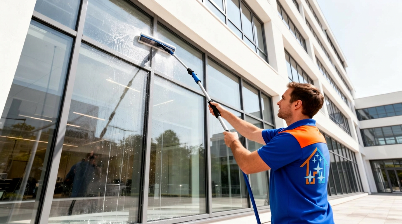 BCS technician using a reach and wash pole on a commercial building