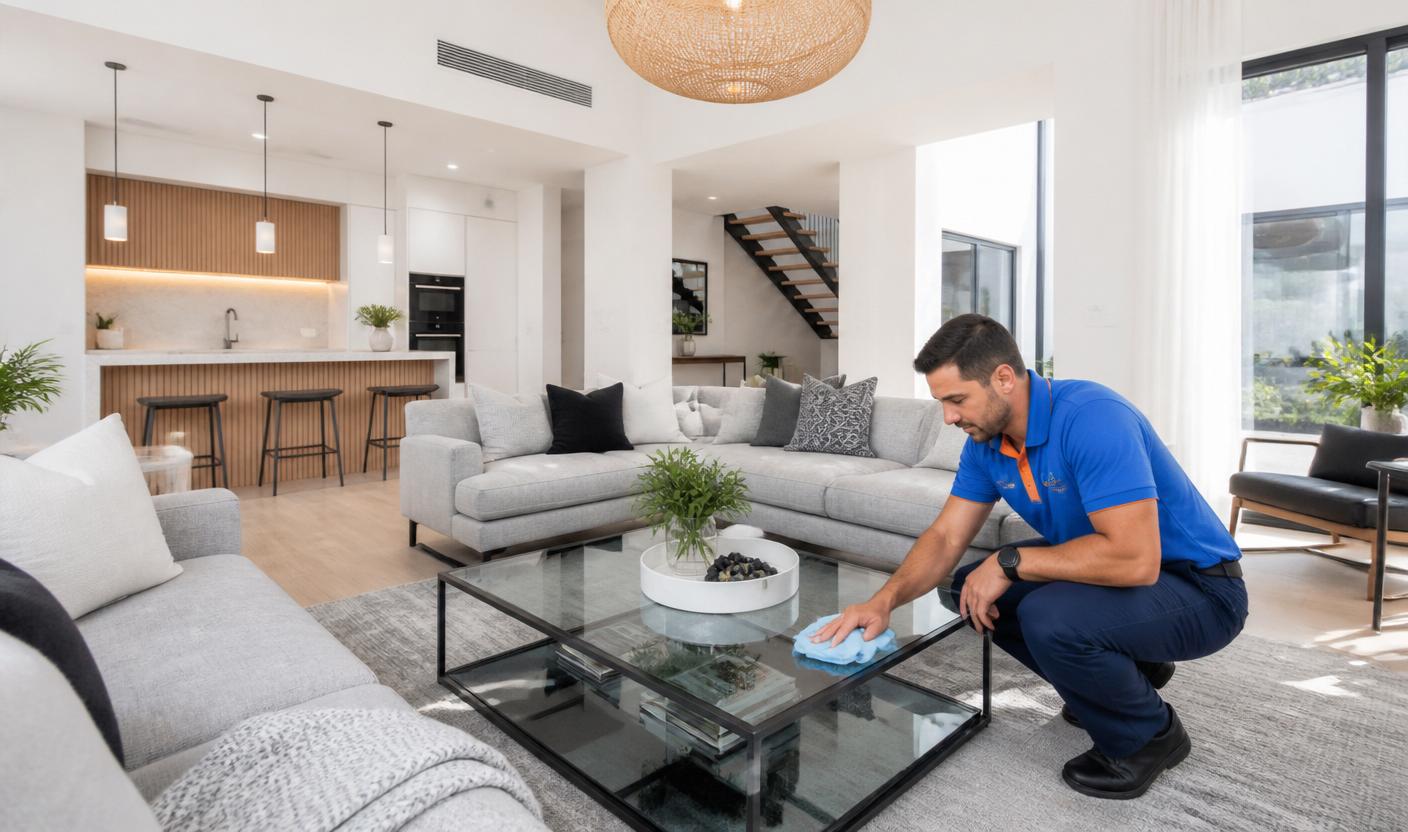 BCS cleaner detailing a Mimosa Display Home living room before open inspection
