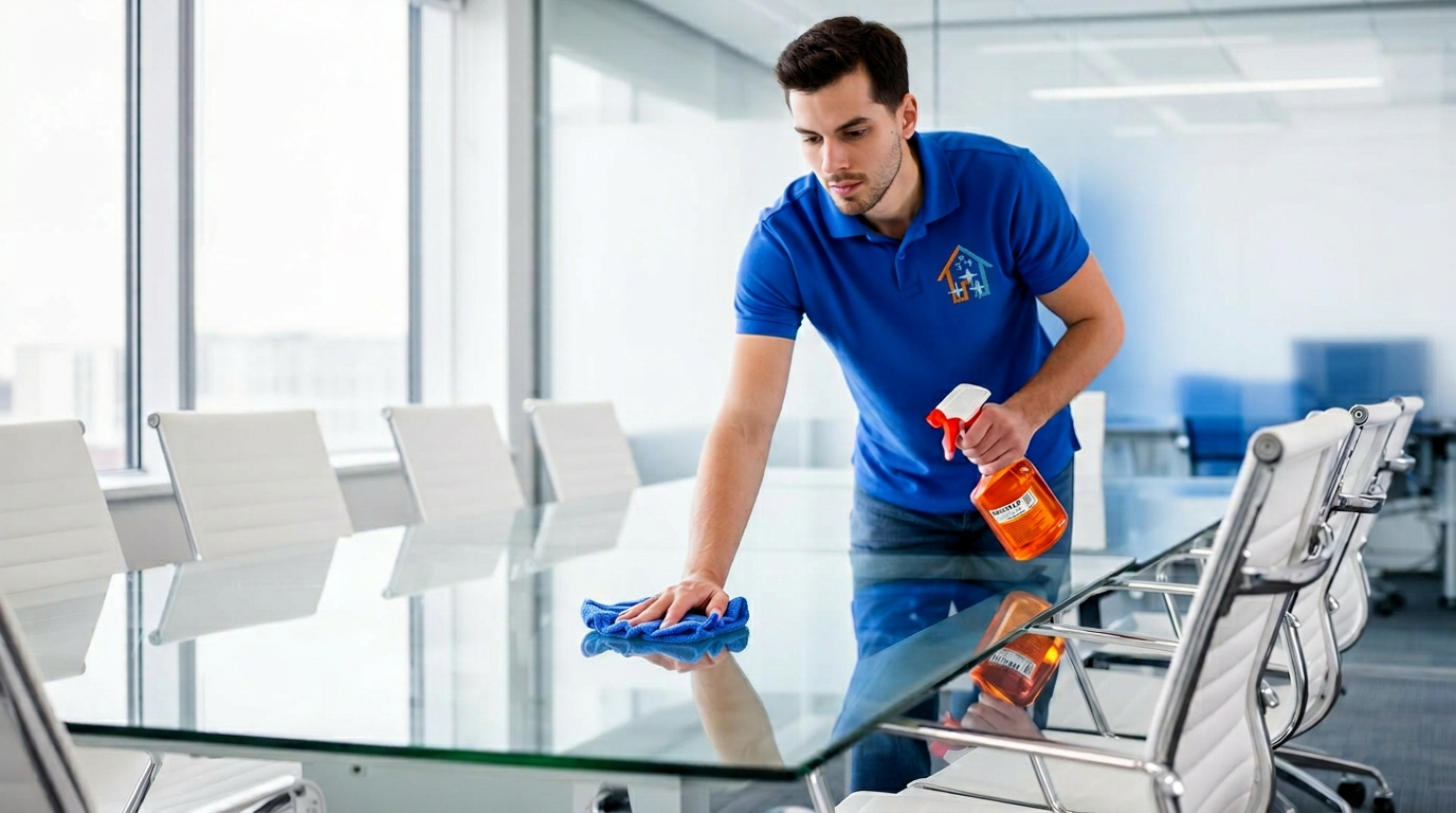 BCS cleaner detailing a glass boardroom table in a corporate building