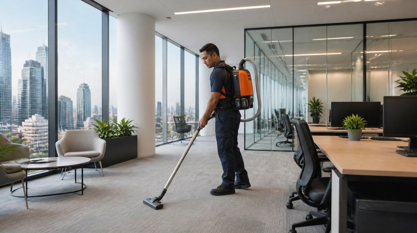 BCS cleaner wearing a backpack vacuum in a modern Melbourne office