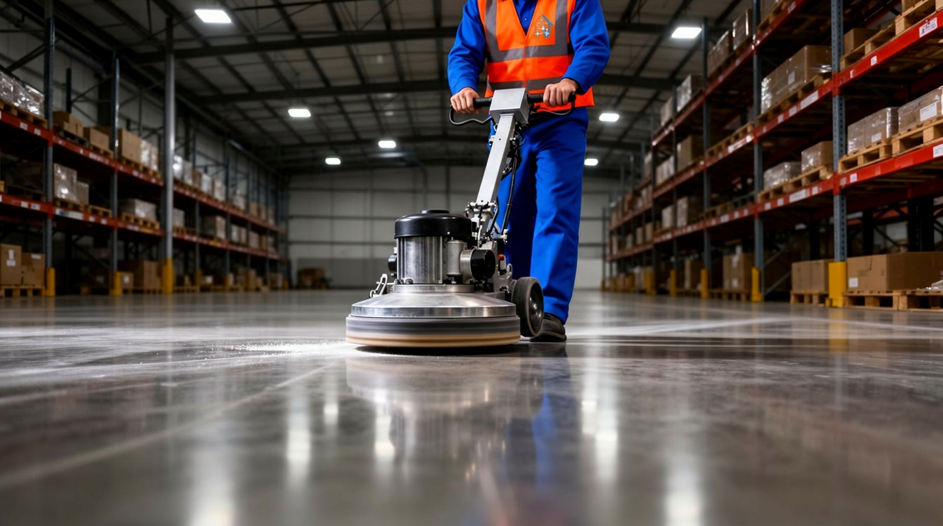 BCS operator burnishing a warehouse floor to a high shine
