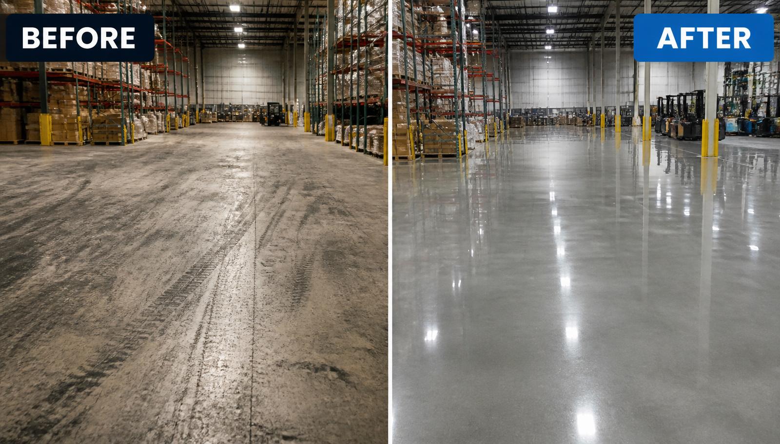 Warehouse Floor Scrubbing before and after