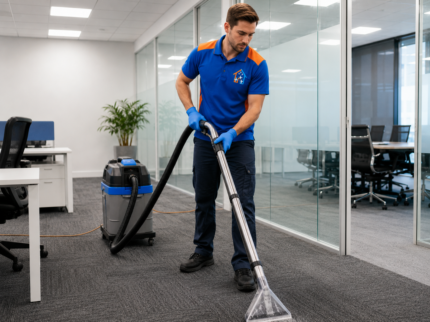 BCS technician using a hot water carpet extraction machine in a modern office