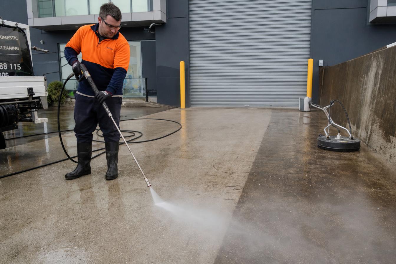 BCS technician pressure washing an external paved surface with professional high pressure equipment