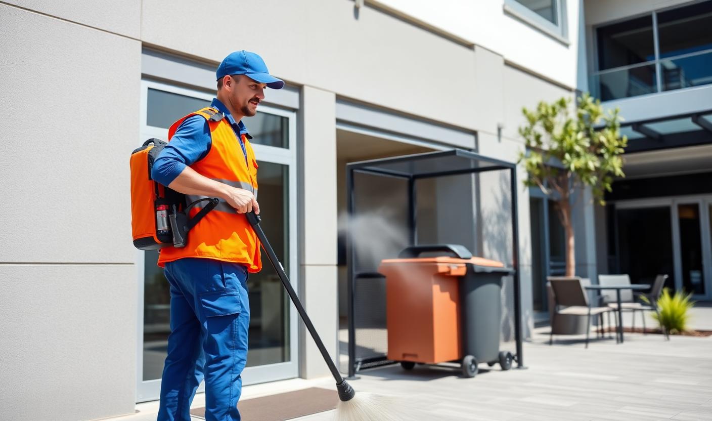 BCS technician cleaning an external bin enclosure and courtyard